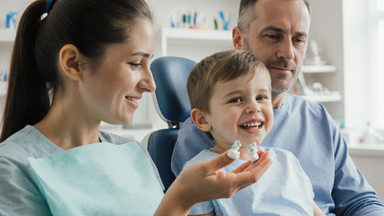 Rodič a dítě v ordinaci ortodonty, dítě drží odtrženou keramickou braketku.