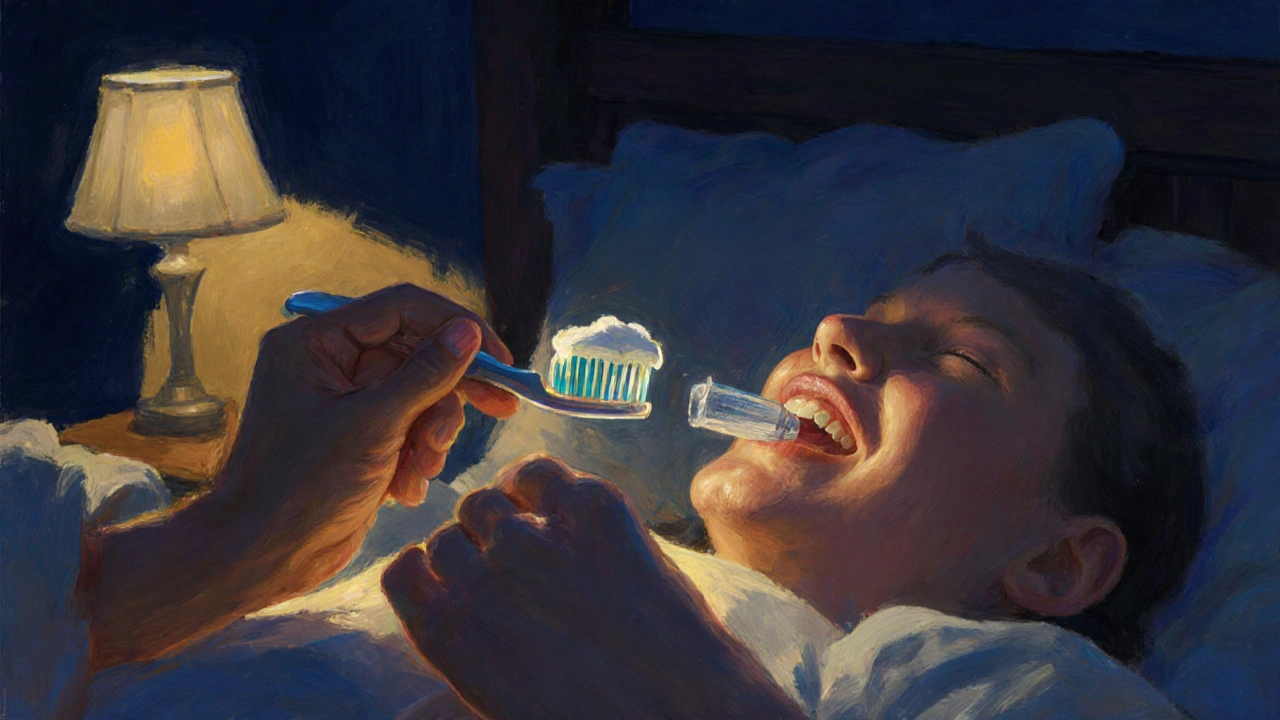 Ruka aplikující fluoridový gel na zuby večer při slabém světle noční lampy.