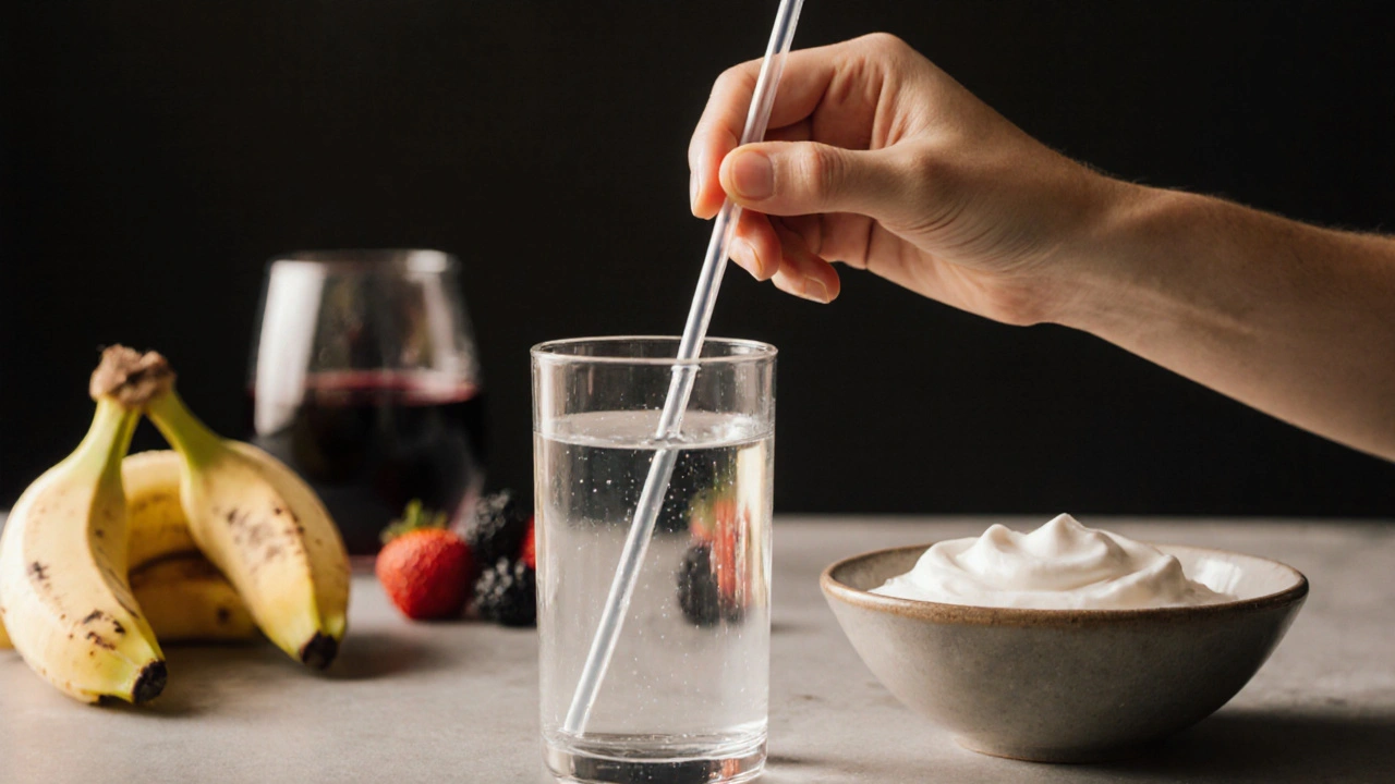 Ruka používá slámku k pití vody vedle banánů a jogurtu jako bezpečné volby po bělení zubů.