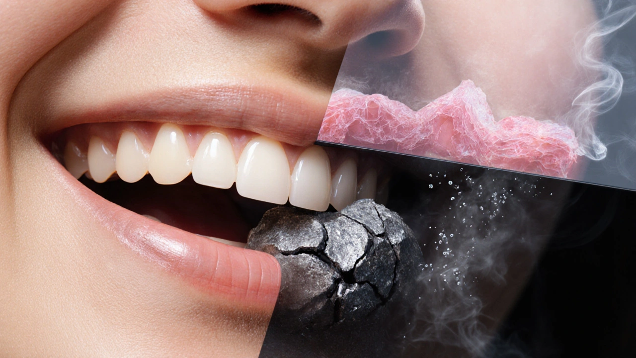 Srovnání zdravého a postiženého úsměvu s přehledem skrytého zubního kamene.