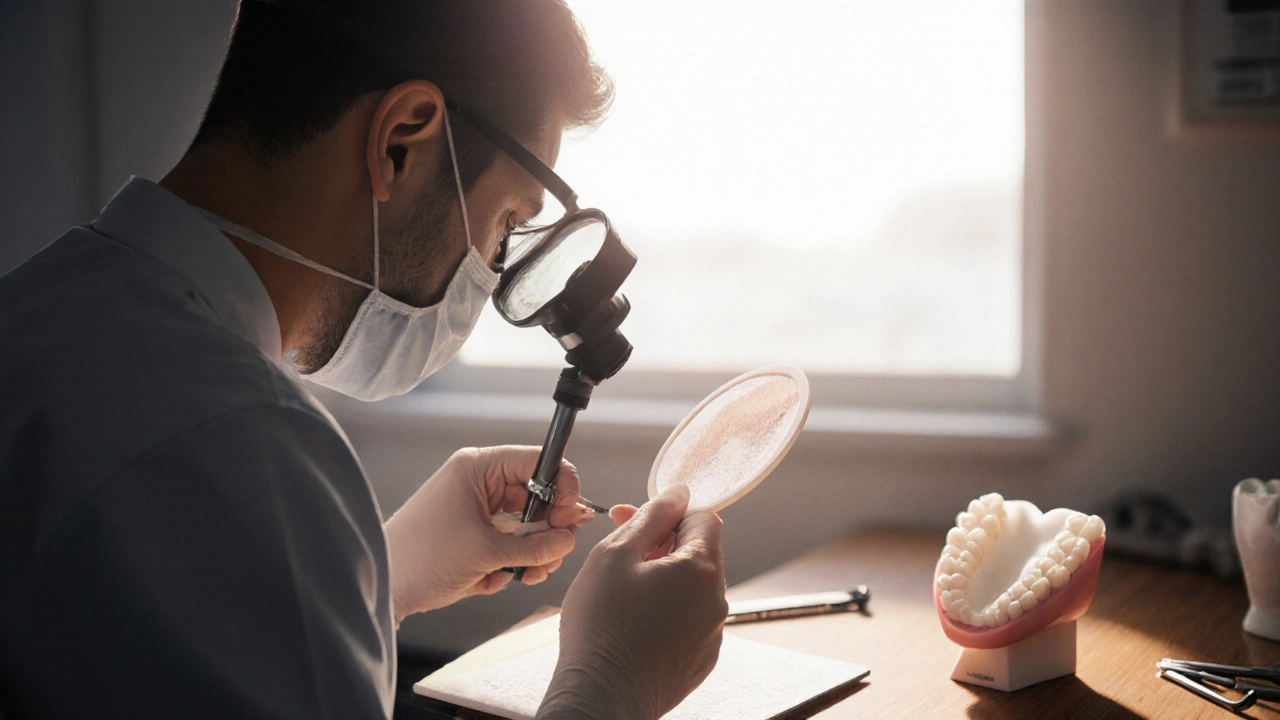 Technik v zubní laboratoři dokončuje tenkou keramickou fazetu s přirozeným leskem.