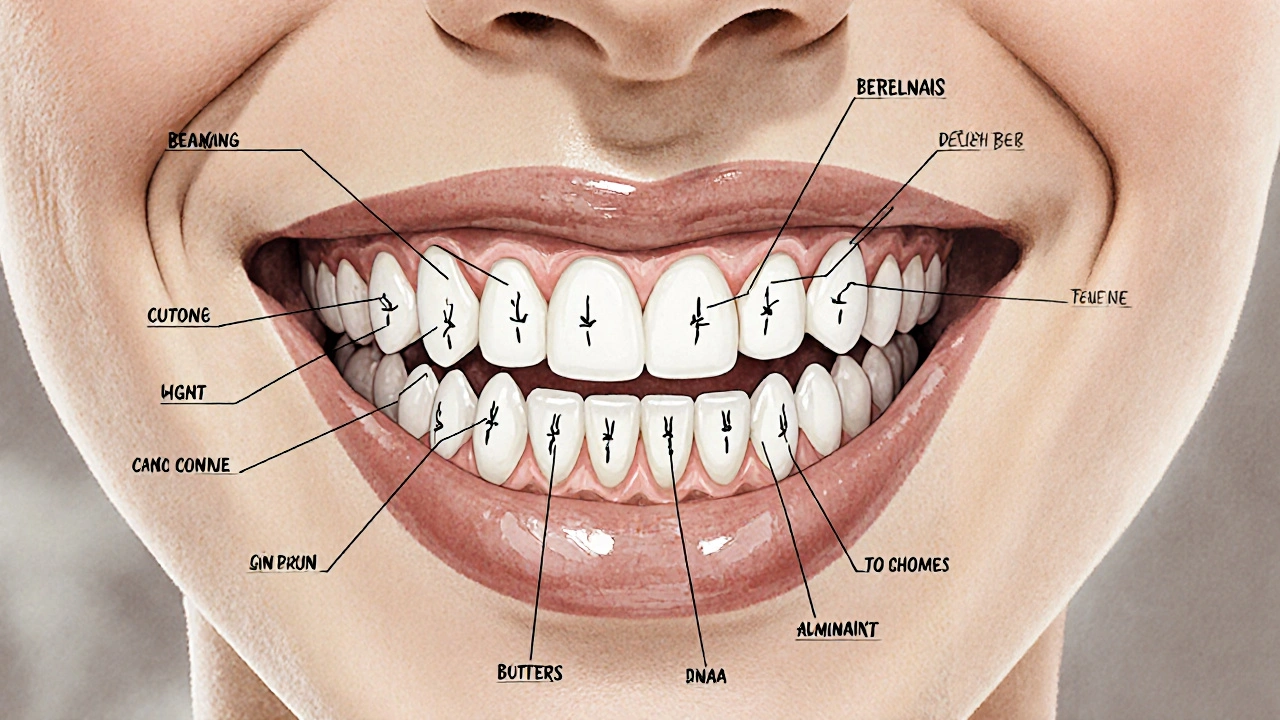 Umělecký náčrt zubního oblouku s funkcemi jednotlivých zubů vloženým do obličeje.