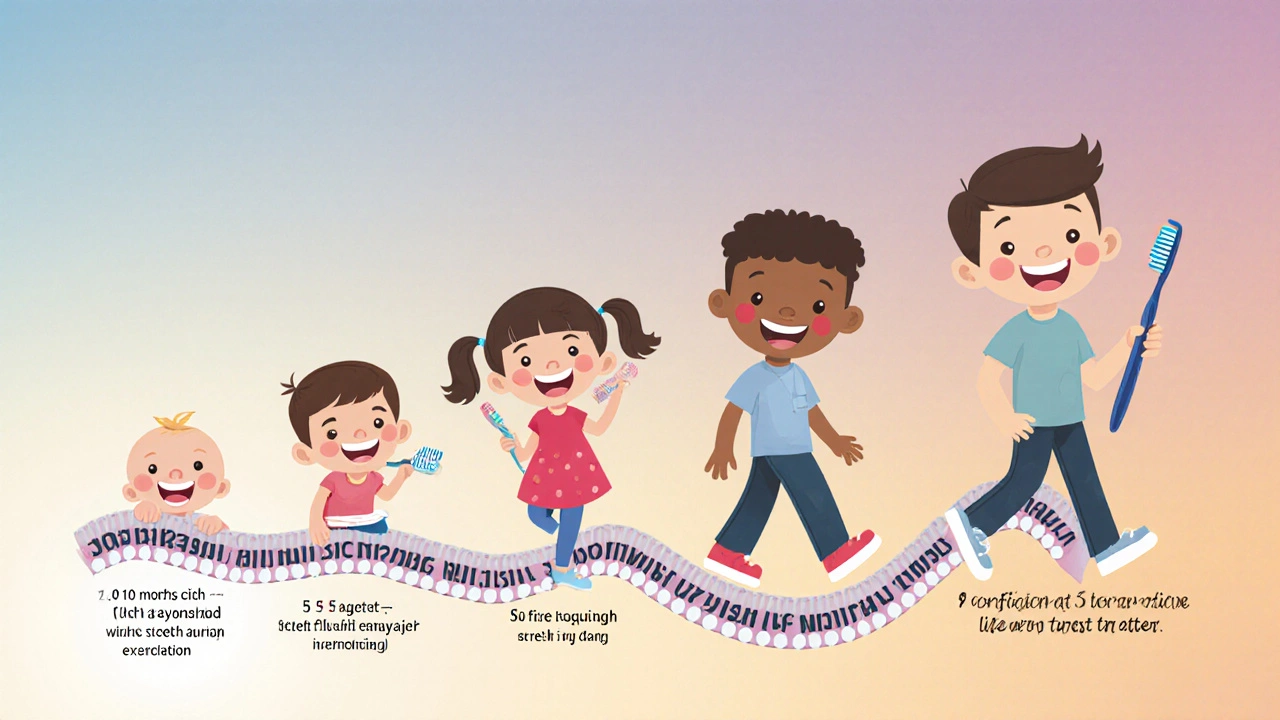 Vývoj dítěte od prvního zoubku po dospělost s klíčovými okamžiky zubní péče v každém věku.