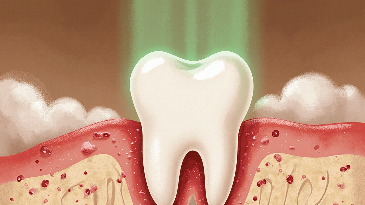 Zdravý kořen zubu v kosti, infekce se odstraňuje jemným zeleným světlem.