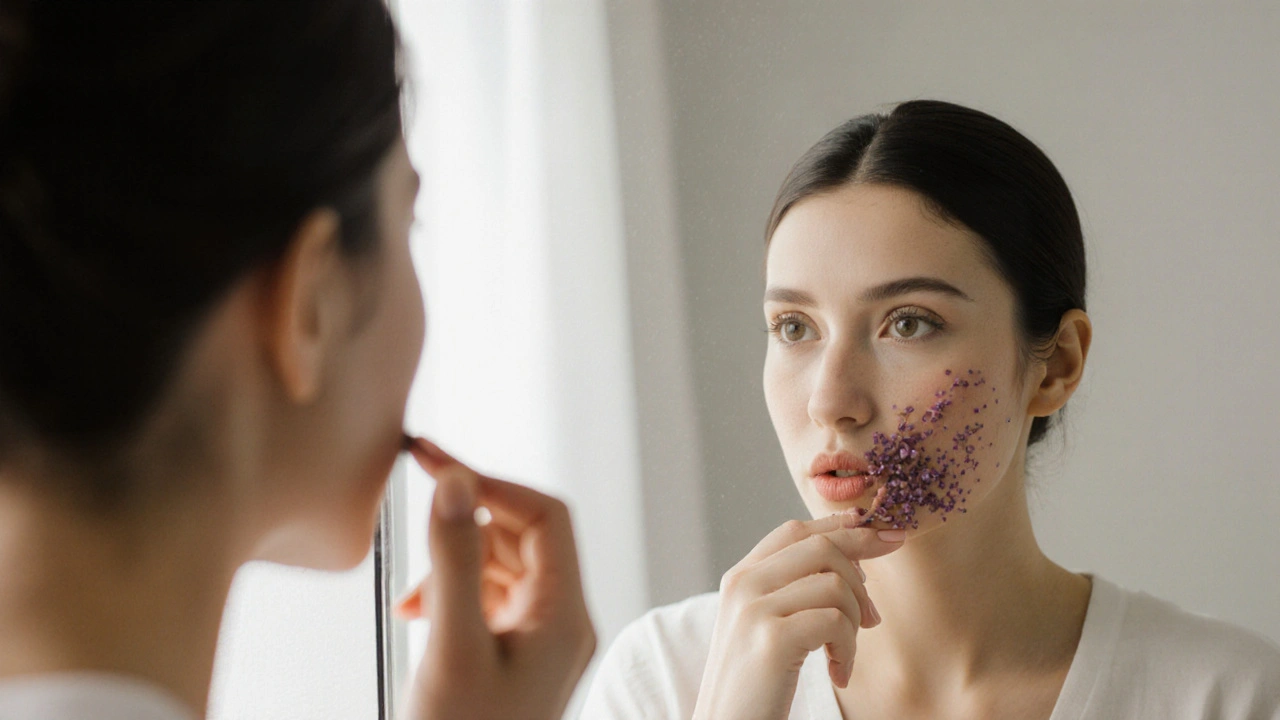 Žena se dívá do zrcadla, kde její odraz ukazuje skrytý nádor za čelistí a nehojící se ránu na jazyku.