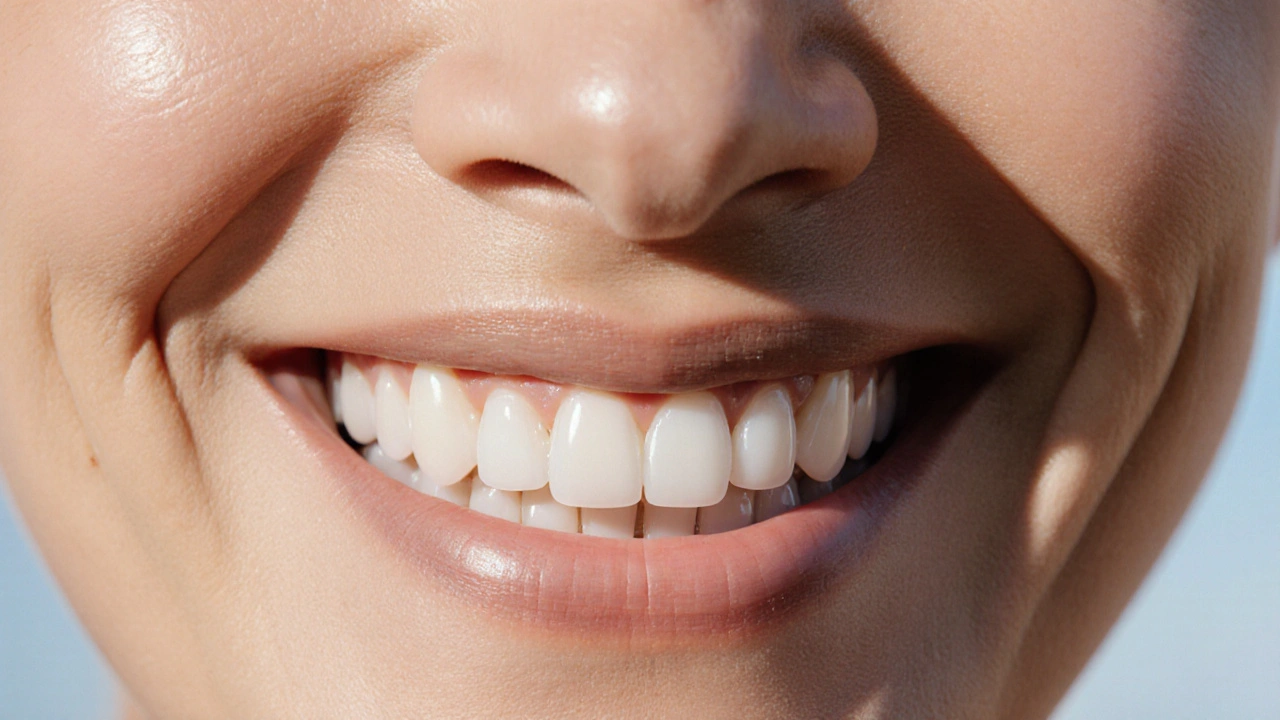 Žena se usmívá s dokonalými zubními fazetami, jejichž přirozený vzhled vypadá jako skutečné zuby.