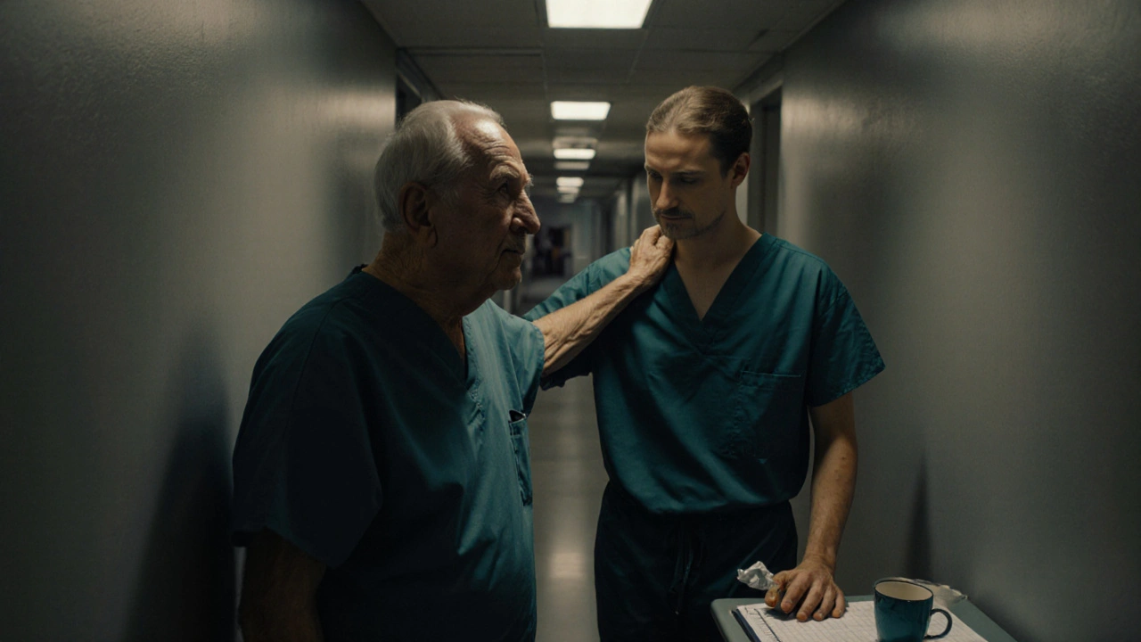 Zkušený chirurg podporuje mladšího kolegu v klidném chodbě po noční operaci.