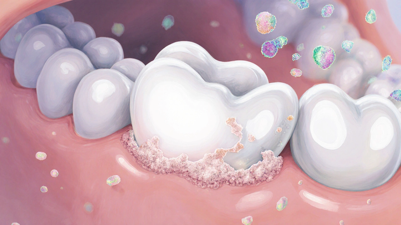 Zub s počínajícím kazu jako bílou skvrnou u zubního hranice, s mikrobiálními bakteriemi.