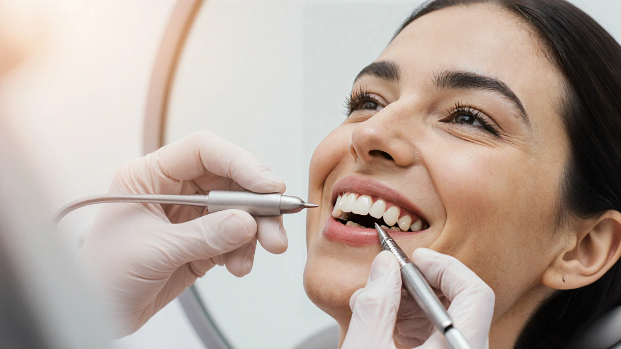 Zubní lékař opravuje přední zub kompozitní plombou v klinice.