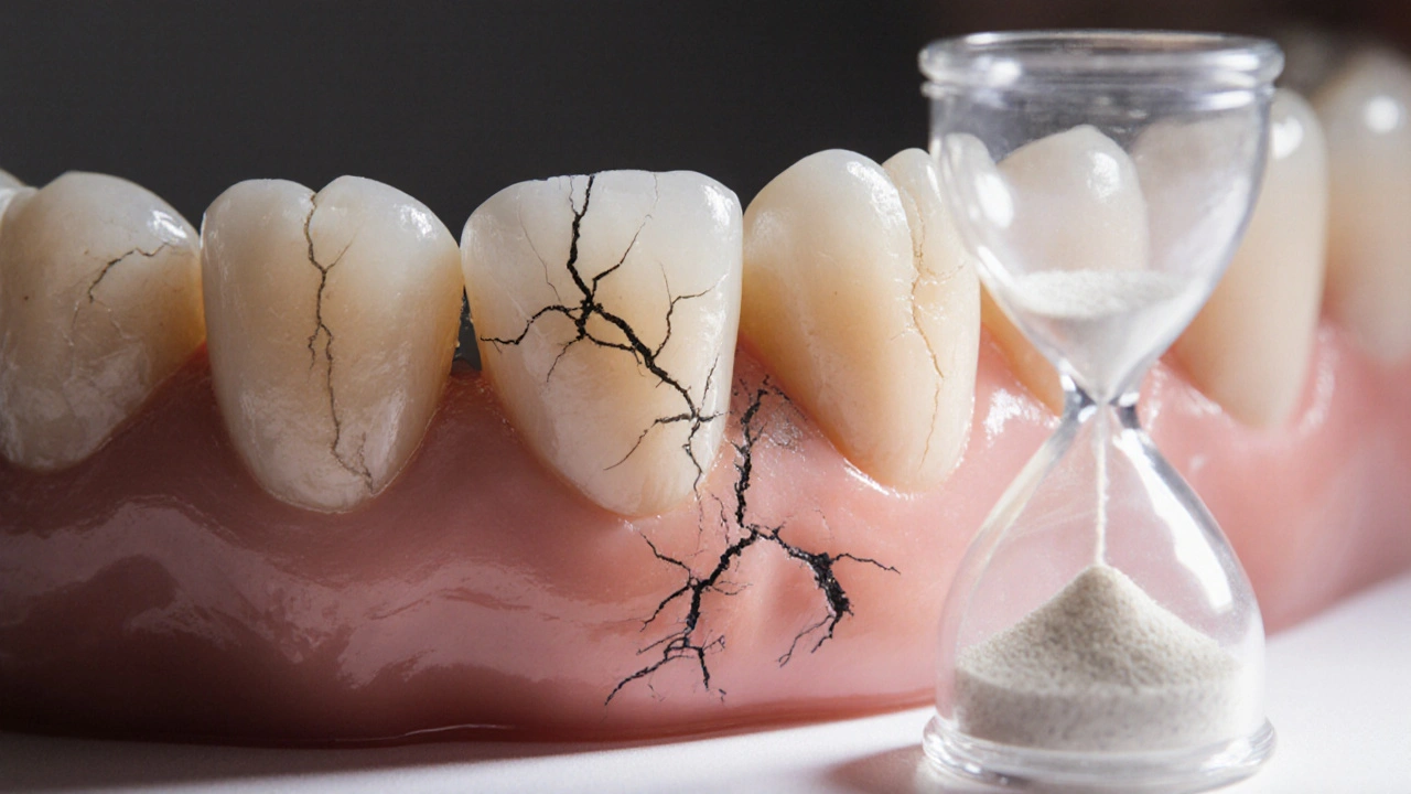 Zvětšený pohled na poškozenou sklovinku způsobenou příliš agresivním čištěním, v kontrastu se zdravou sklovinkou.