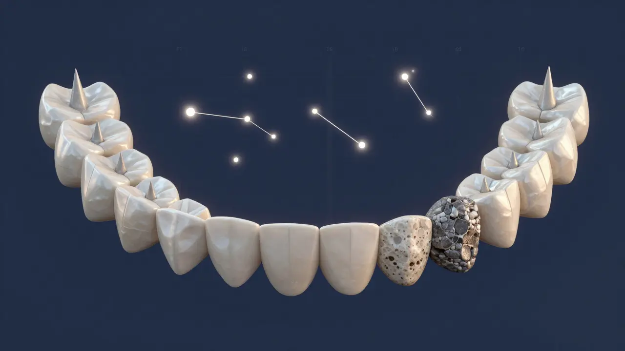 Artistic mosaic of dental arch with FDI numbering glowing like stars against dark background.