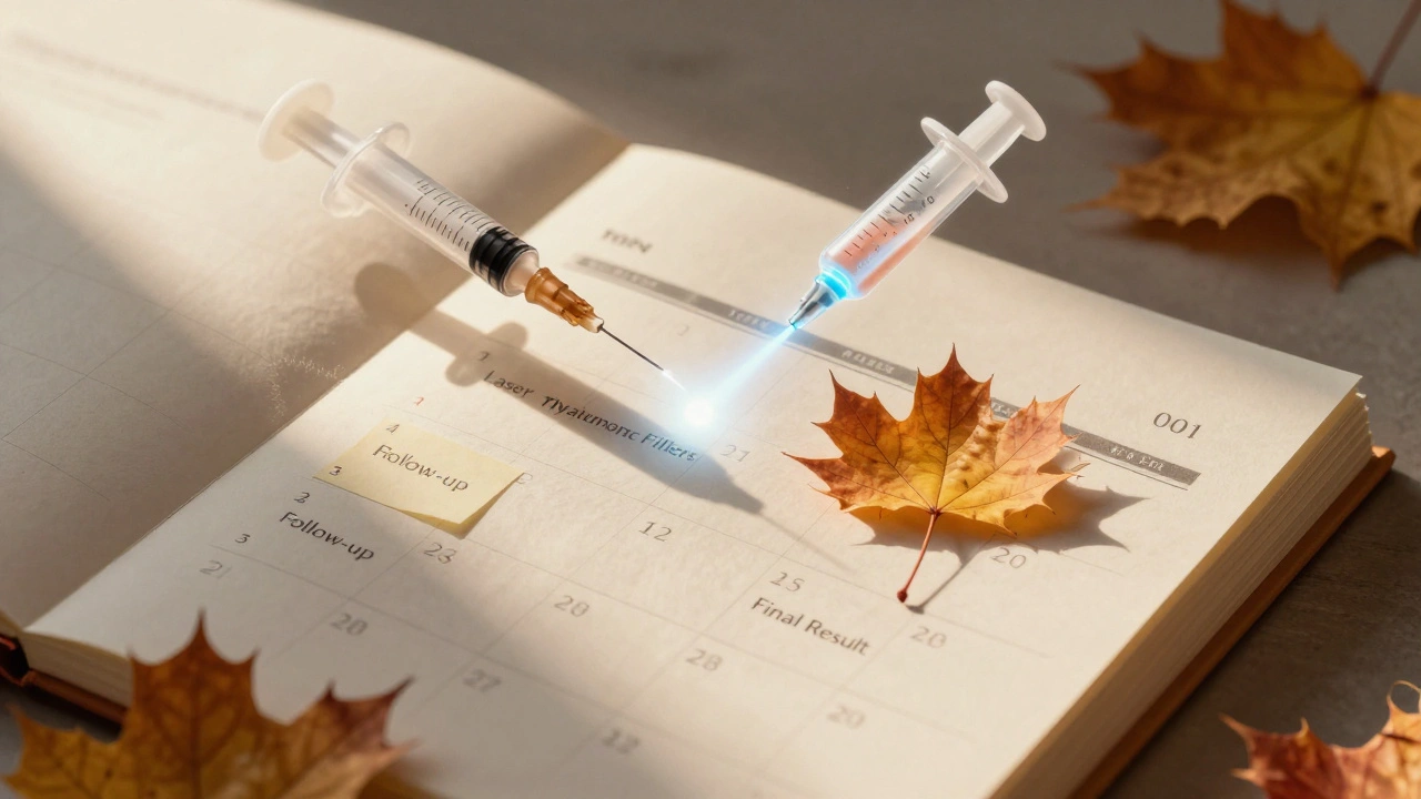 Autumn calendar with aesthetic treatment dates and symbolic elements like laser and collagen fibers.