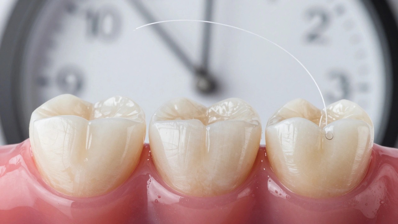 Časová osa ukazující životnost veneerů od nového stavu až po odstranění.