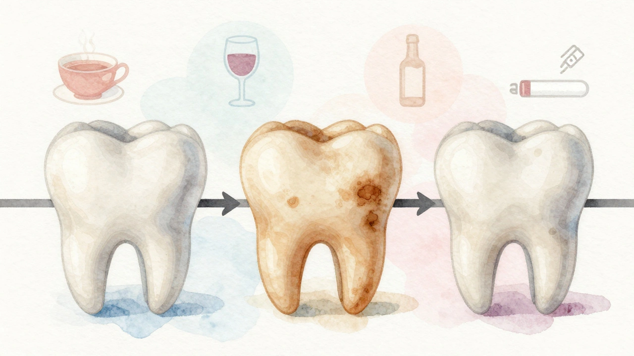 Chronologická ilustrace zubů od bělení přes zbarvení k refreshu.