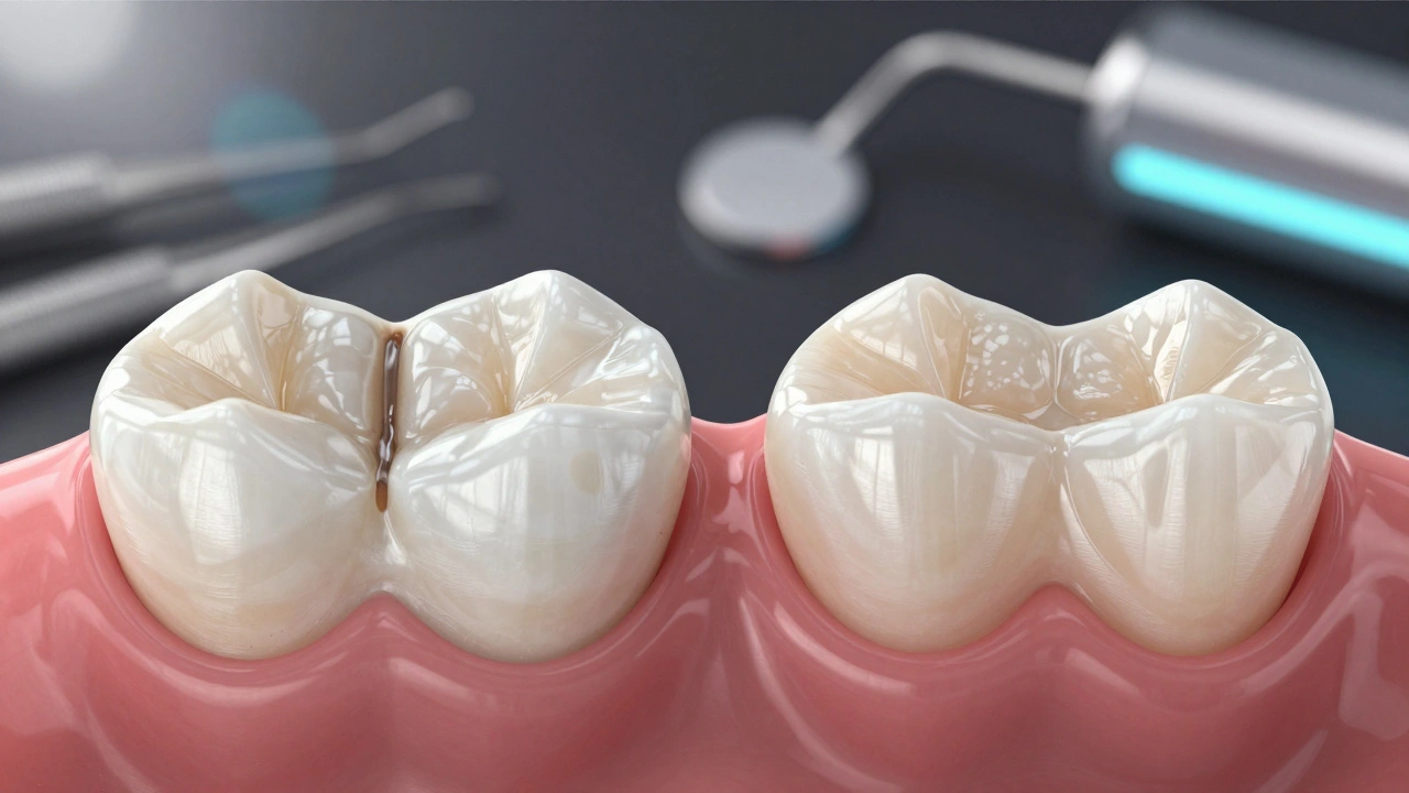 Comparison of outdated porcelain crown with contemporary natural-looking ceramic crown.
