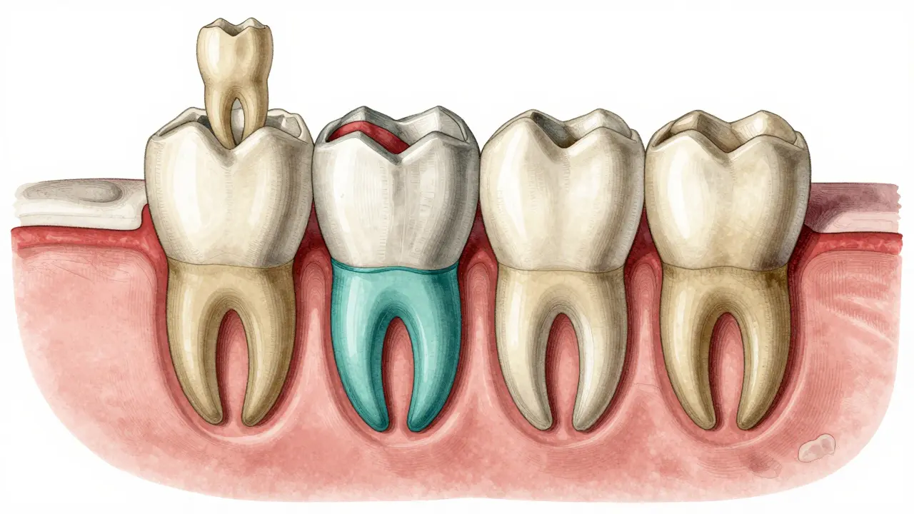 Cross-section of human jaws showing wisdom teeth at different stages of development.