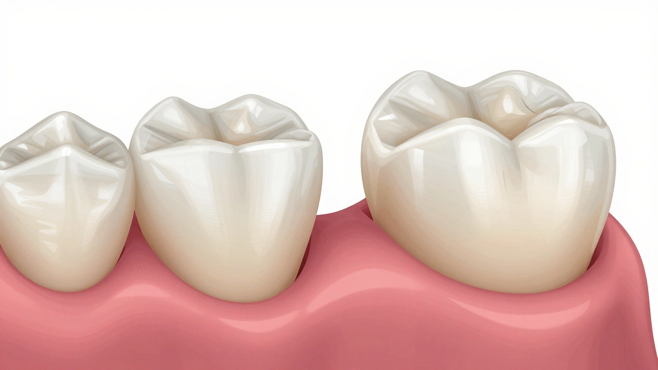Dental bridge spanning two crowned teeth with artificial tooth in center.