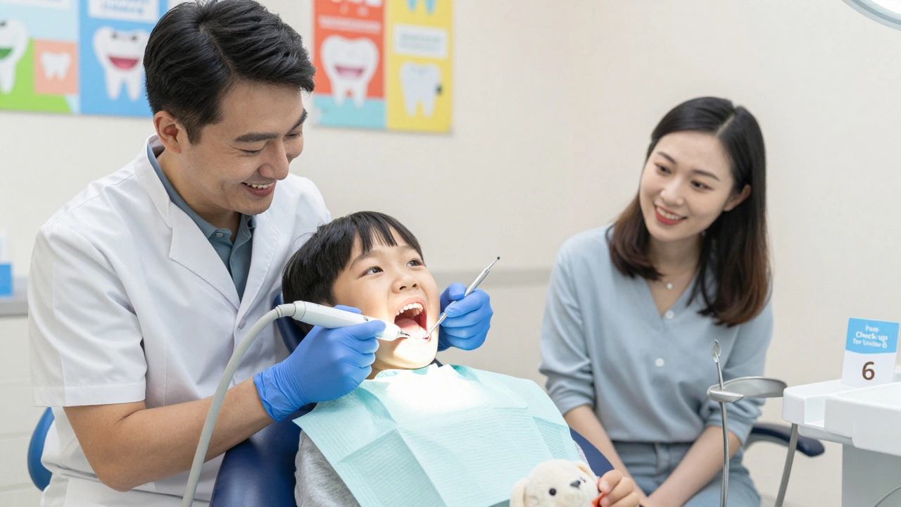 Dětský stomatolog odstraňuje zubní kámen ultrazvukovým přístrojem během prohlídky.