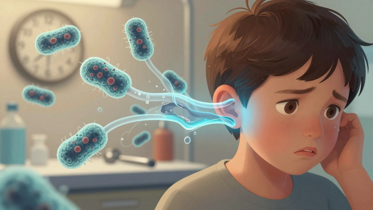 Dítě s rukou na uchu, z jeho zubů proudí bakterie do ucha, symbolizující opakované záněty uší.