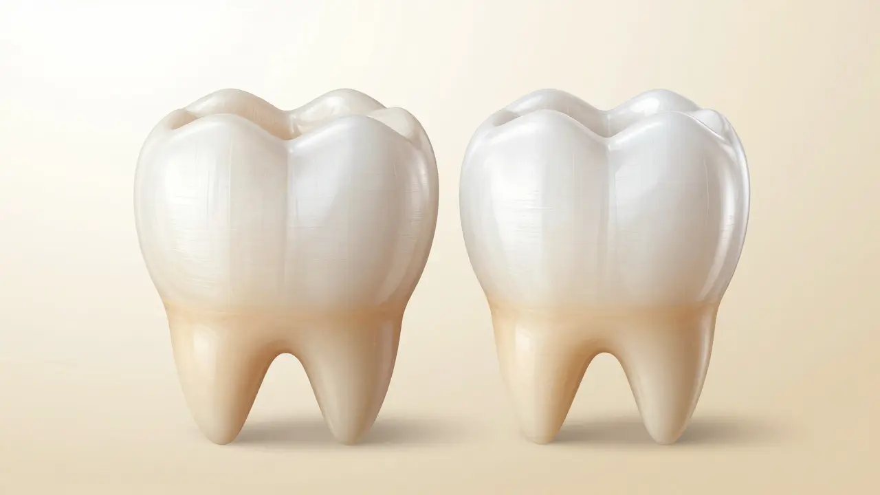 Dva přední zuby vedle sebe: jeden s nepravidelnými hranami a skvrnami, druhý s přirozeně vypadající porcelánovou fazetou.