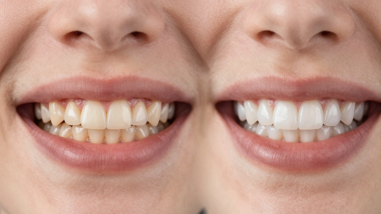 Dva soubory zubů vedle sebe: přirozené a s keramickými fazetami, zdůrazňující přirozenou barvu.