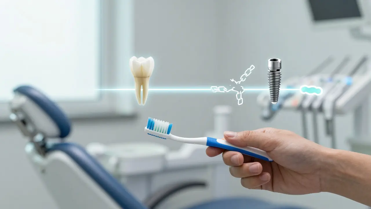 Dvě cesty k zubnímu implantátu: jedna zdravá, druhá zanedbaná.