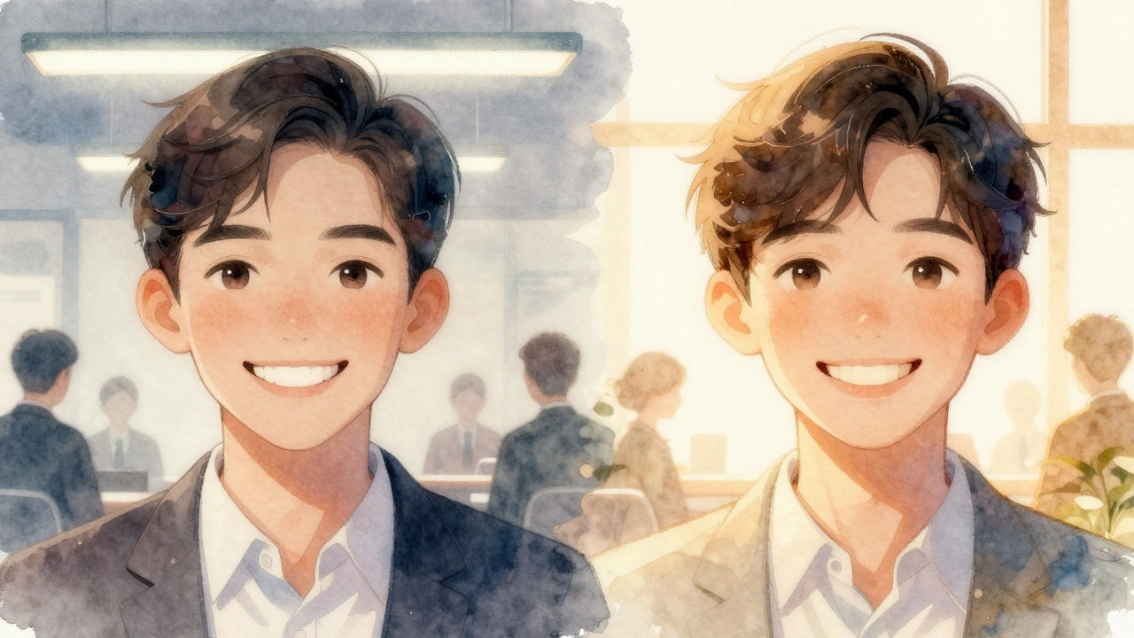 Dvě tváře se usmívají — jedna pod umělým světlem, druhá v teplém slunci, symbolizující různé pohledy na úsměv.