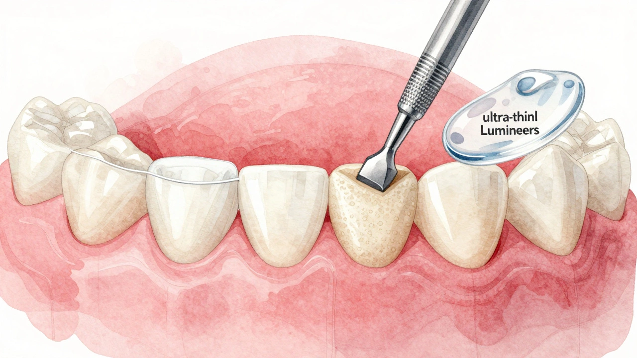 Ilustrace tří typů zubních veneerů: keramické, kompozitní a bezodřezové.