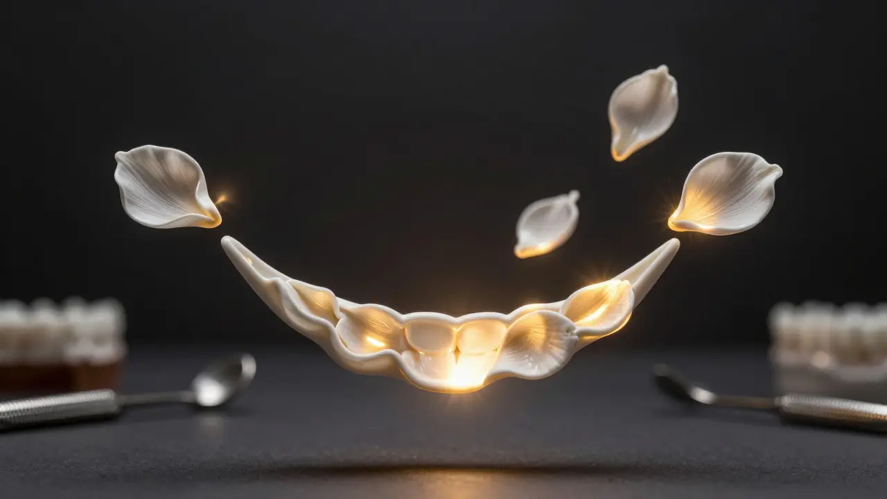 Keramické fazety jako průhledné lístky plující nad úsměvem, zářící v zlatém světle.