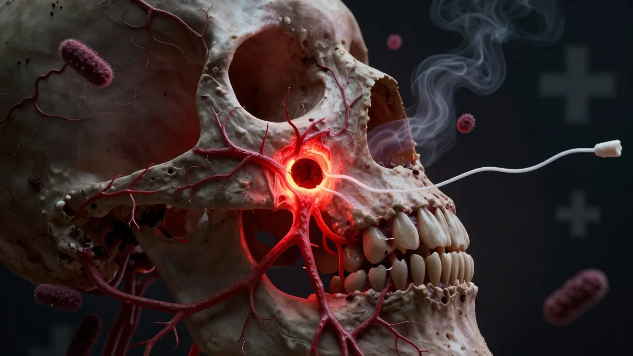 Konceptuální obrázek infekce šířící se z prázdné díry po vytažení zubu do kosti a krevního oběhu.