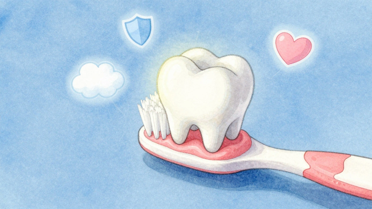 Konceptuální obrázek prvního zubního kartáčku jako ochránce dětských zubů s jemnými štětinami.