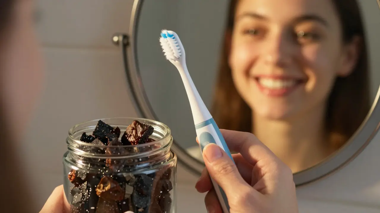 Kontrast mezi tvrdým zubním kamenem a zdravým úsměvem při použití čističe.