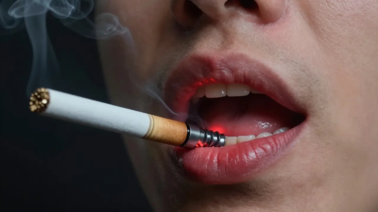 Kouřák s uvolněným implantátem a degradující kostí v ústech.