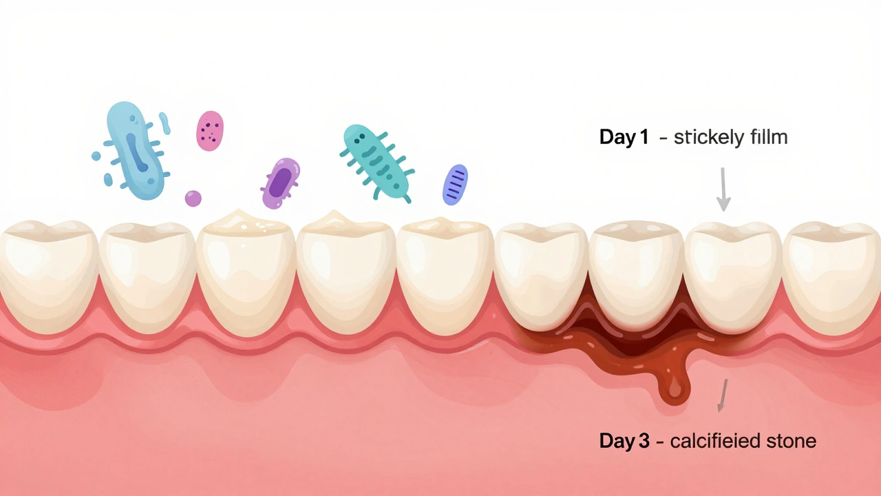 Křížový řez dětského ústního ústrojí s postupným vznikem zubního kamene z plaku.