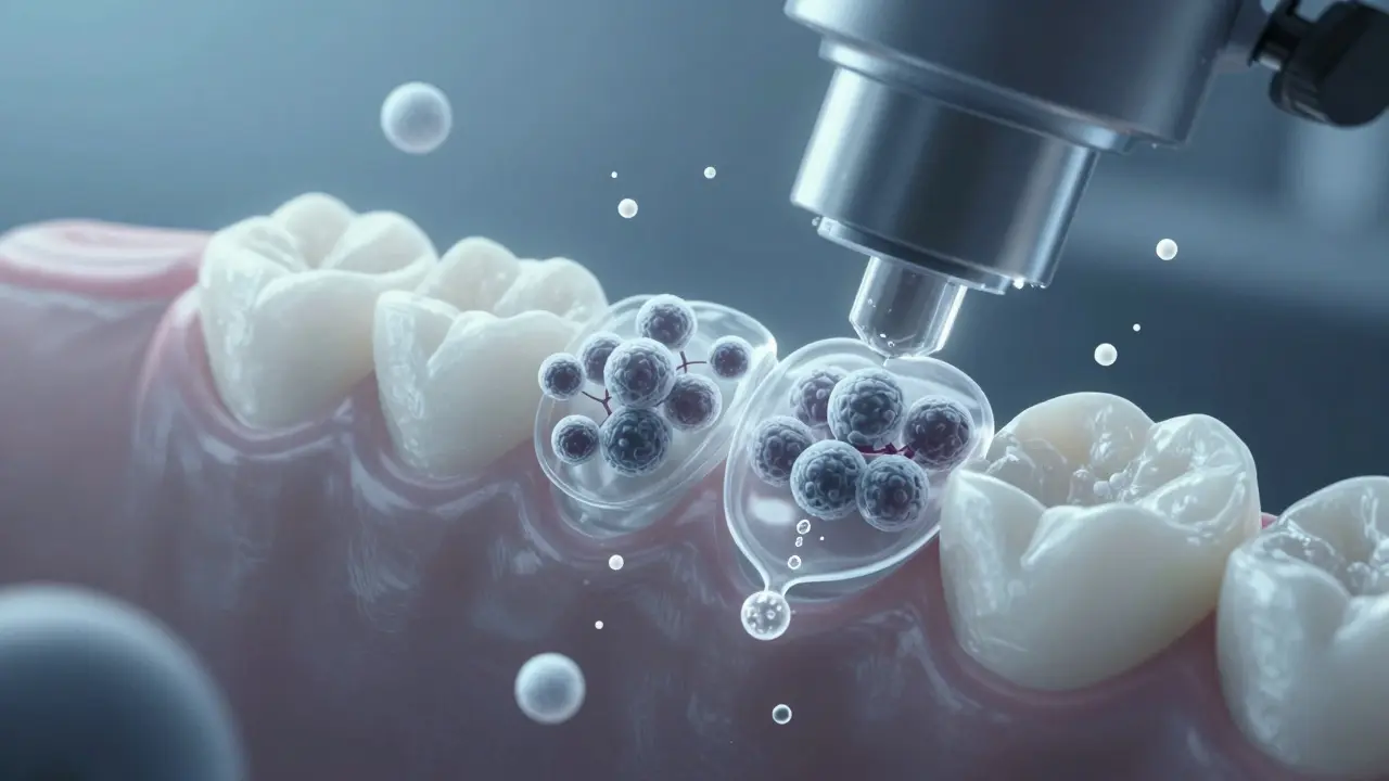 Mikroskopický pohled na plak a minerální kámen s rozpouštějícími látkami