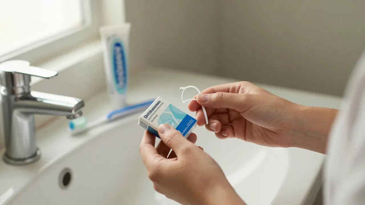 Osoba drží balení nití pro rovnátka vedle zubní kartáček a pasta.