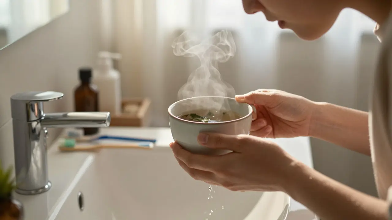 Osoba pláchnoucí ústa čajem z listů černého rybízu