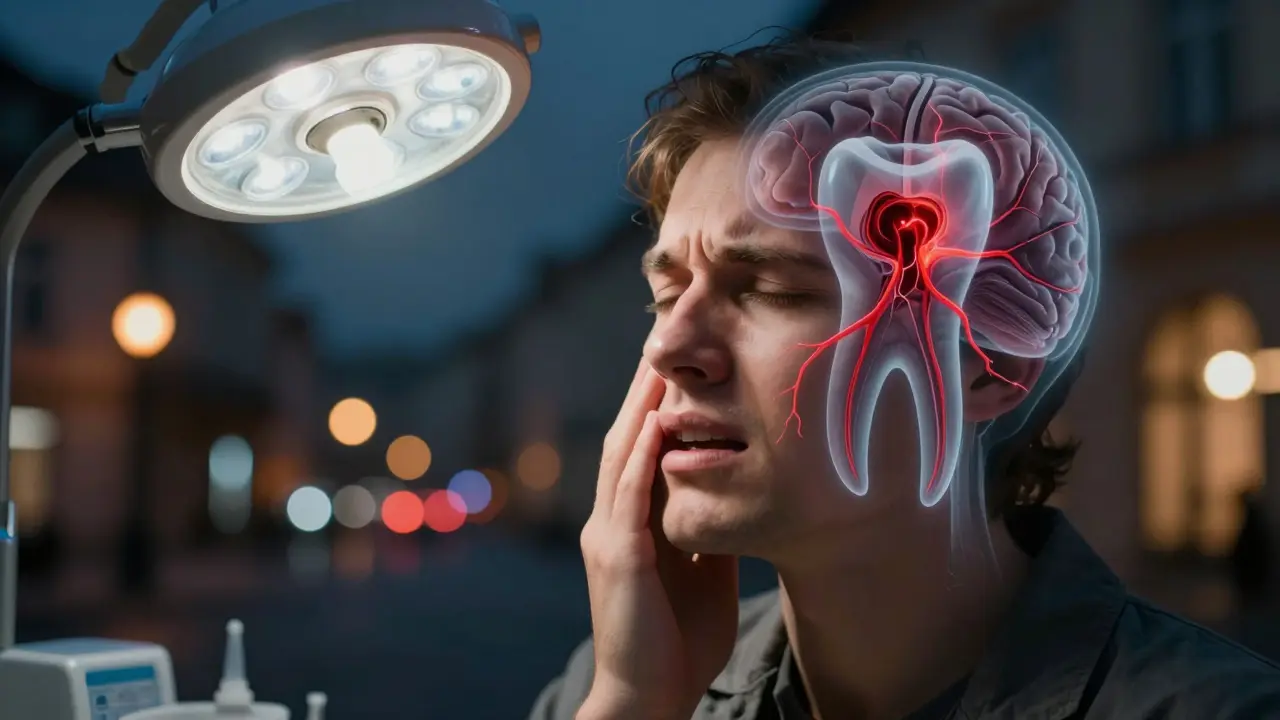 Osoba s bolestí v obličeji, s přehledem infekce šířící se do kostí a mozku.