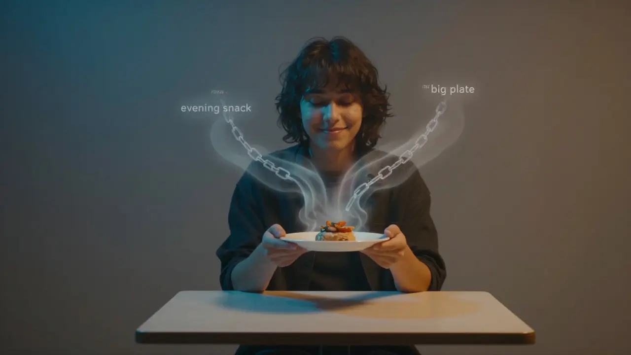 Osoba s malým talířem, kolem ní se rozplynou průhledné řetězy reprezentující neviditelná jídelní rovnátka.