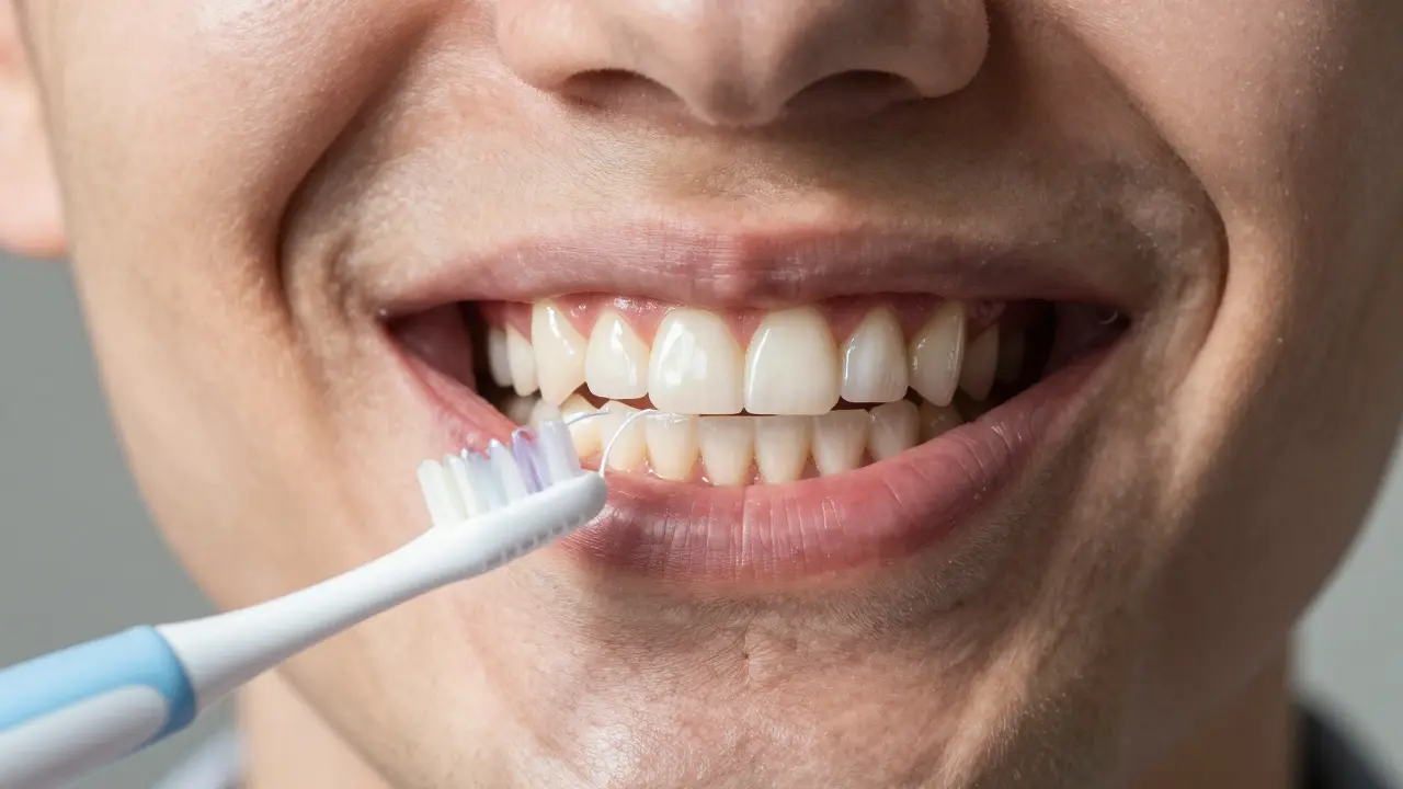 Pacient se usmívá s celokeramickým mostem, pod ním viditelné nástroje pro hygienu.