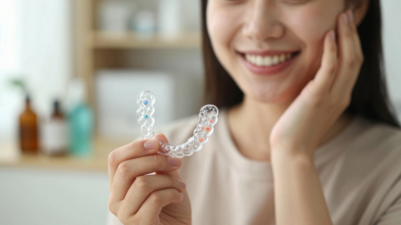 Patient holding clear aligner with microscopic view of tissue regeneration on cheek.