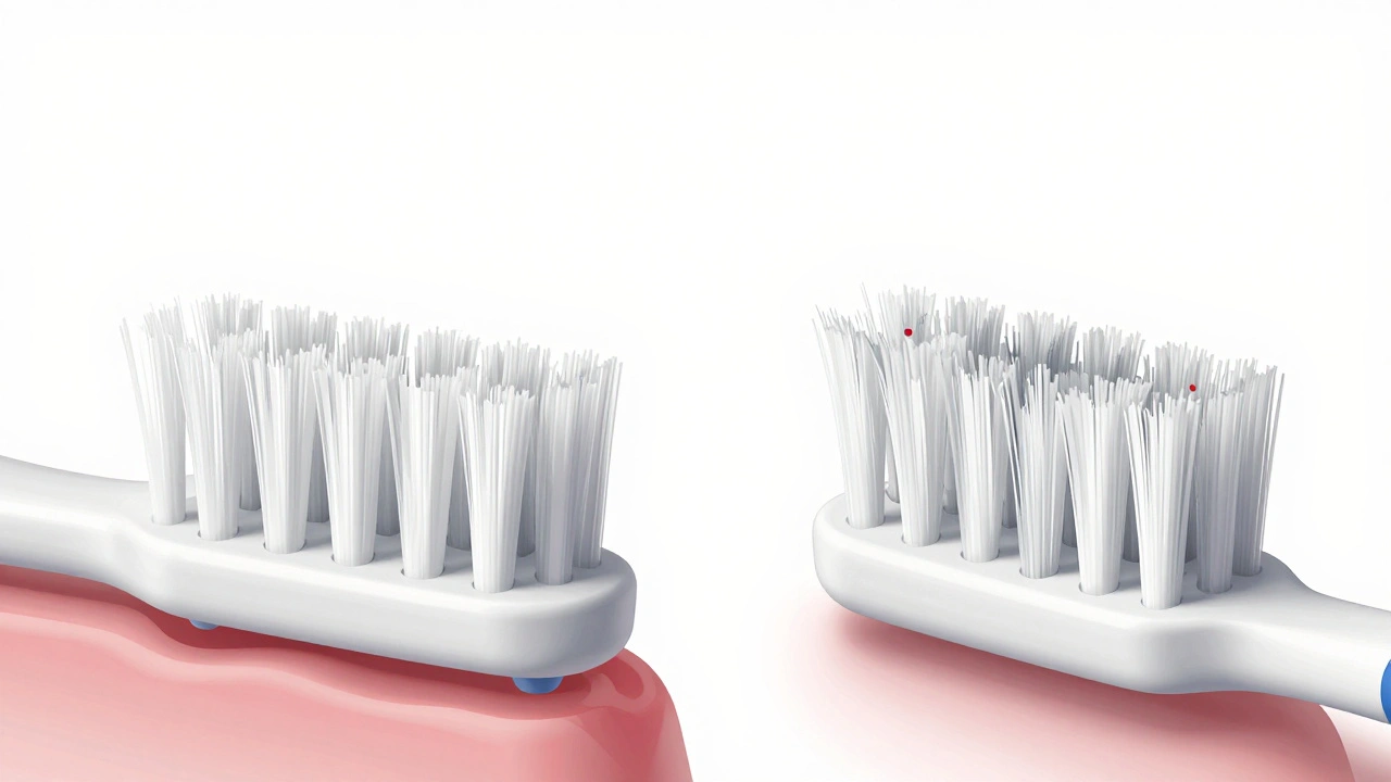 Porovnání nového a opotřebovaného kartáčku na zubu s viditelným plakem.