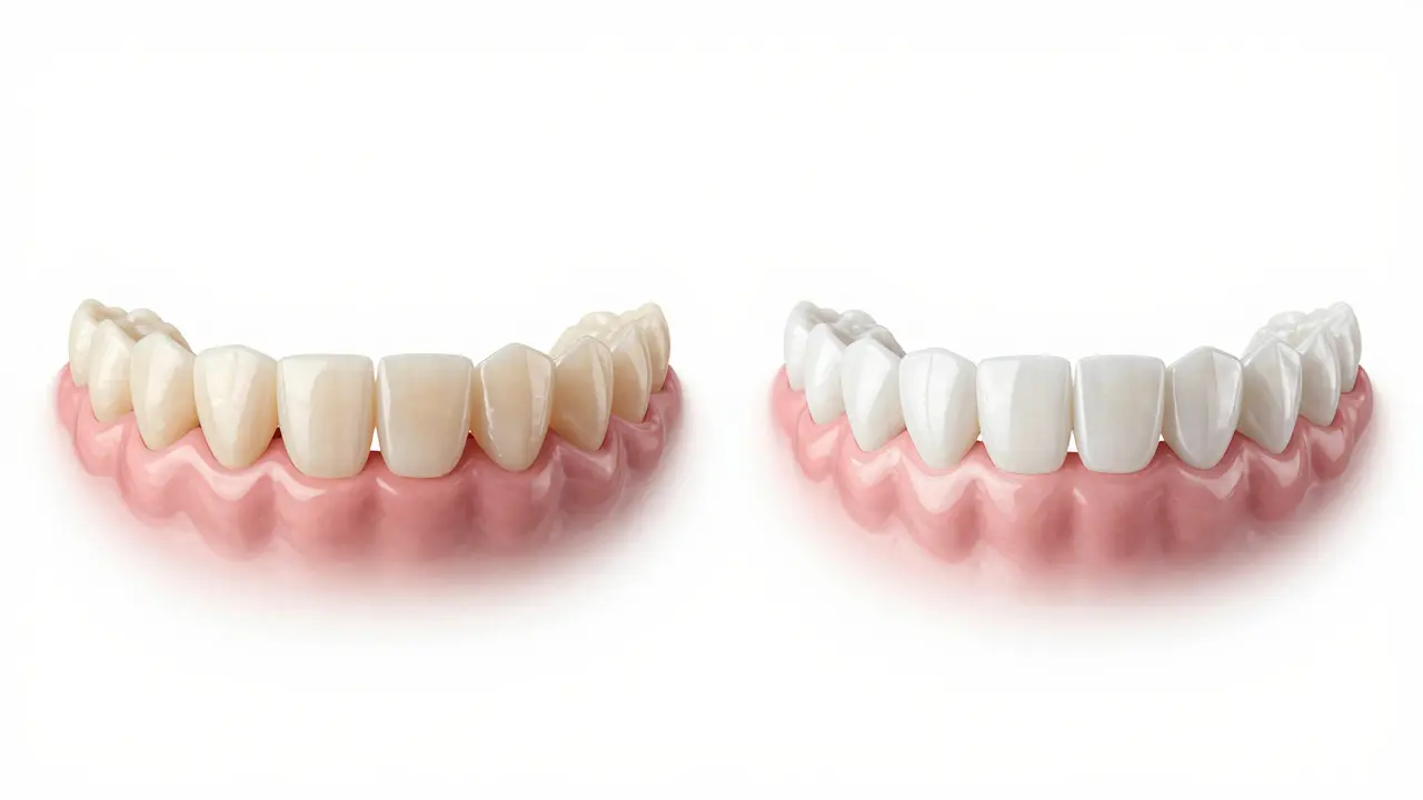 Porovnání před a po: zuby s mezery a skvrnami versus stejné zuby s přirozeně vypadajícími fazetami.