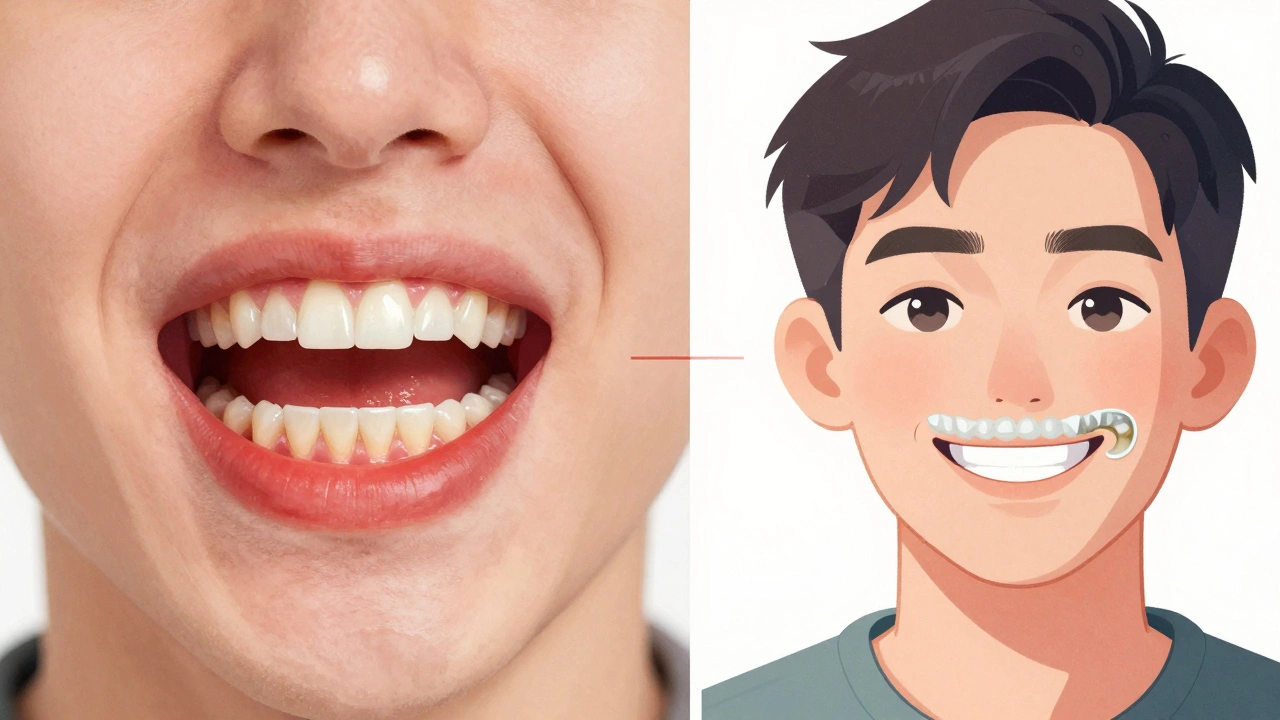 Porovnání správného a špatného použití bělicí sady na zubech a dásních.