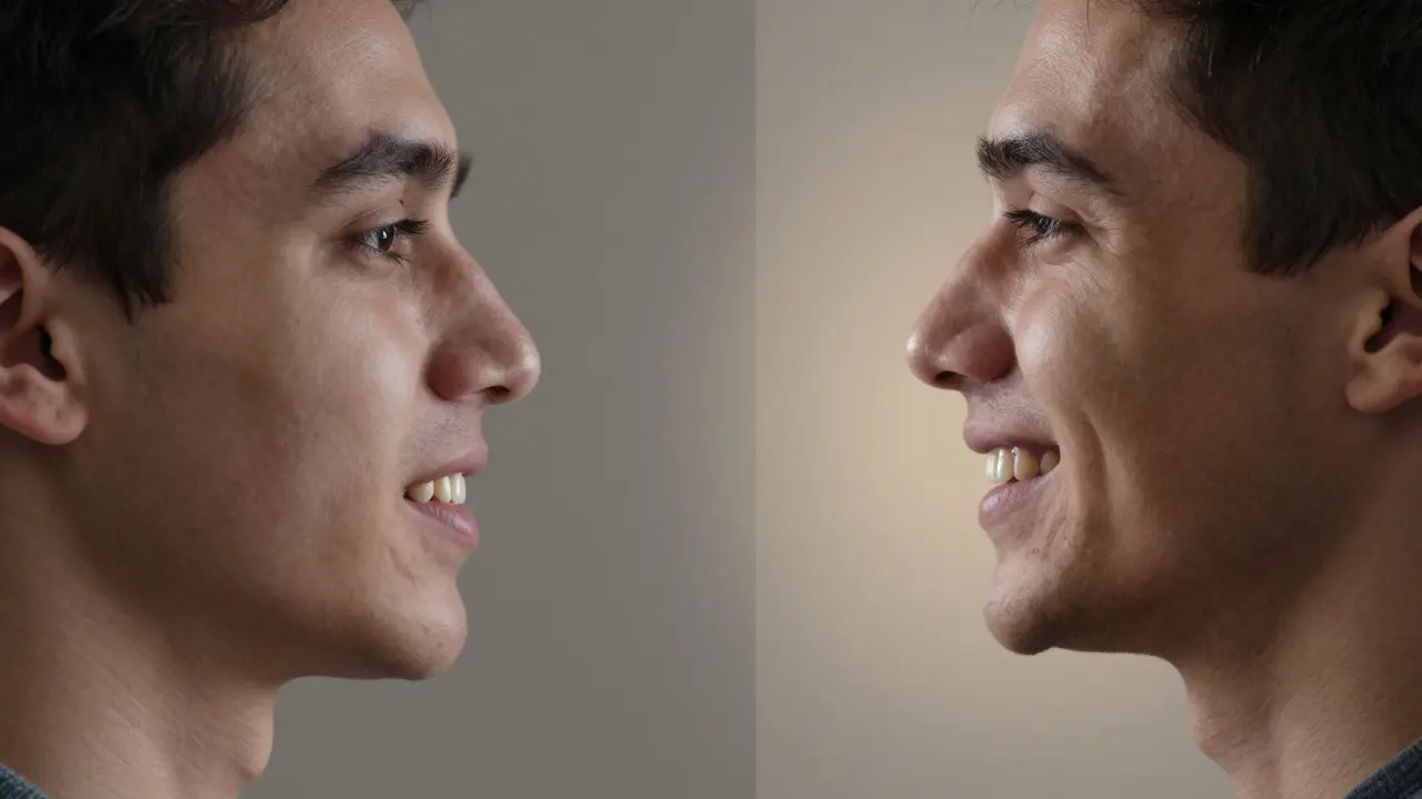 Před a po ortodontické nápravě: profilový pohled s výraznou změnou tvářové kontury.