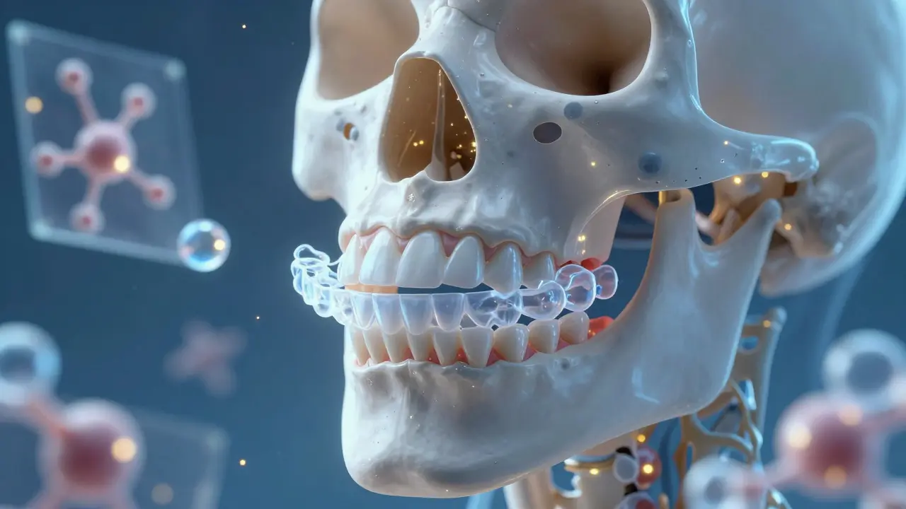 Přehled lidské čelisti s průhlednými alignery posunujícími zuby, doprovázený 3D skeny.