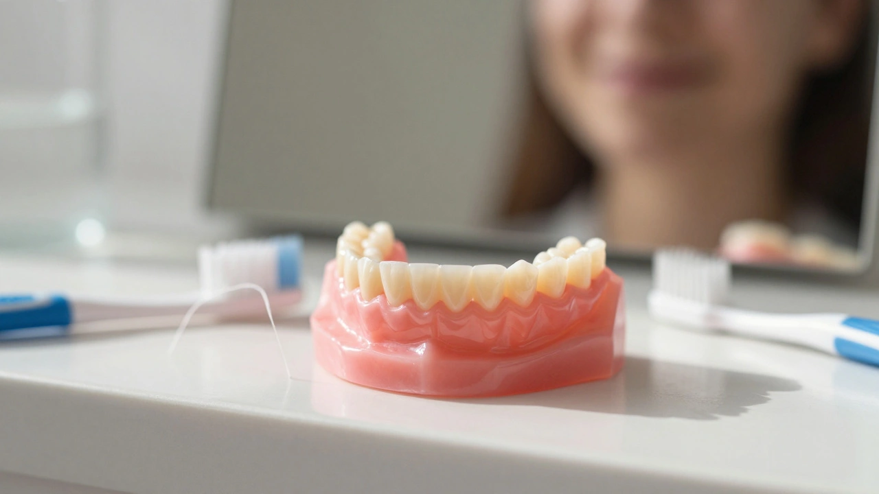 Removable partial denture with toothbrush beside it on clean surface.