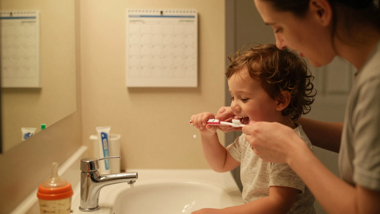 Rodič čistí zuby dítěti ve věčerní koupelně s přátelskou atmosférou.