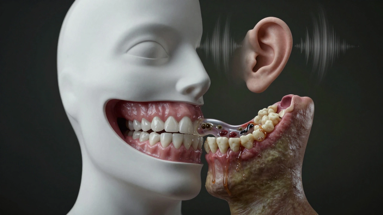 Rozdělená hlava: zdravá strana s čistými zuby a blokovaná strana s plakem a tekutinou ve středním uchu.