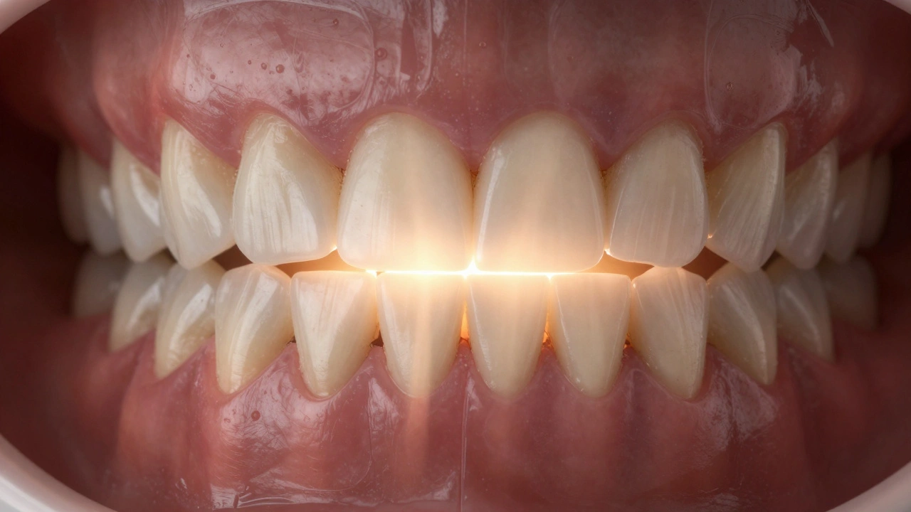Smile with ceramic teeth glowing like natural enamel, contrasting old metal crowns.